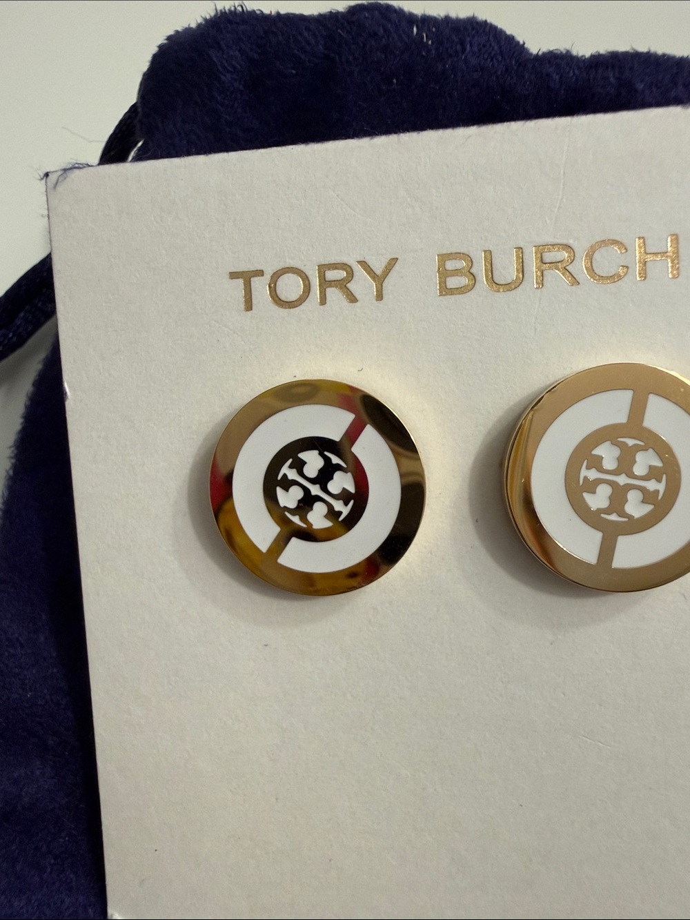 Tory Burch White and Gold Round Logo Stud Earrings - Picture 3 of 5